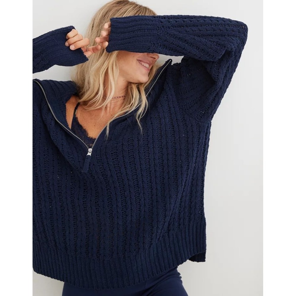 Aerie Navy Blue Chenille Quarter Zip Mock Neck Pullover Sweater Small